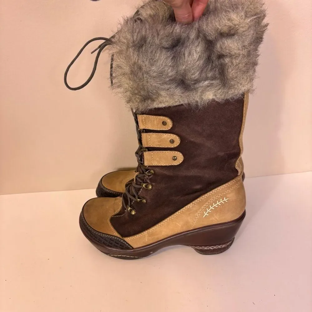 Jambu Brown and Tan Suede Lace Up Fur Top Heeled Tall Boots‎ 6